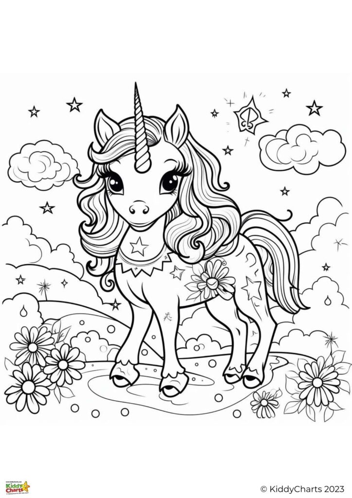This is a black and white coloring page featuring a cute, stylized unicorn with stars and clouds in the background, surrounded by decorative flowers.