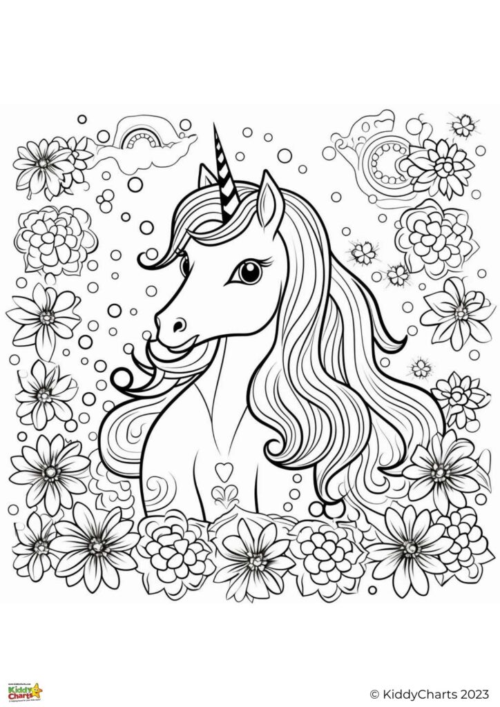 This image shows a line art coloring page featuring a unicorn surrounded by various flowers, bubbles, and a crescent moon among clouds.