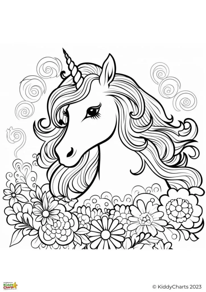 This is a black and white coloring page featuring a stylized unicorn with swirling hair amidst a floral background, with watermark credit "KiddyCharts 2023."