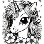 This is a black and white coloring page featuring a smiling unicorn with a flowing mane, surrounded by flowers and stars, intended for children.