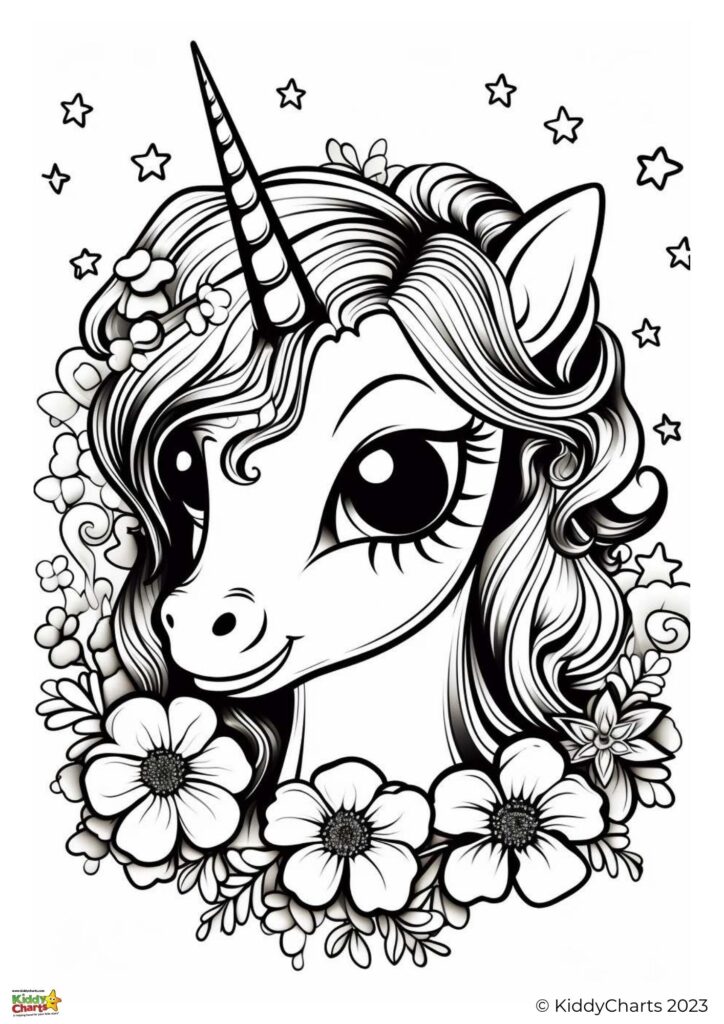 This is a black and white coloring page featuring a smiling unicorn with a flowing mane, surrounded by flowers and stars, intended for children.