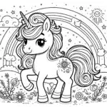 This is a black and white coloring page featuring a cute, smiling unicorn with a spiraled horn, standing before a rainbow, sun, and stars.