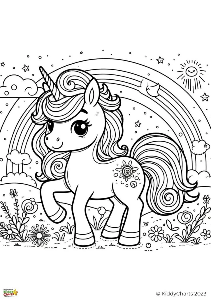 This is a black and white coloring page featuring a cute, smiling unicorn with a spiraled horn, standing before a rainbow, sun, and stars.
