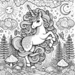 This is a black and white coloring page featuring a stylized unicorn amidst a whimsical forest with clouds, sun, moon, stars, and mushrooms.