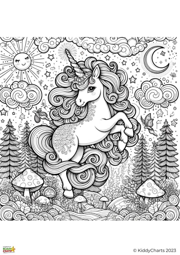This is a black and white coloring page featuring a stylized unicorn amidst a whimsical forest with clouds, sun, moon, stars, and mushrooms.