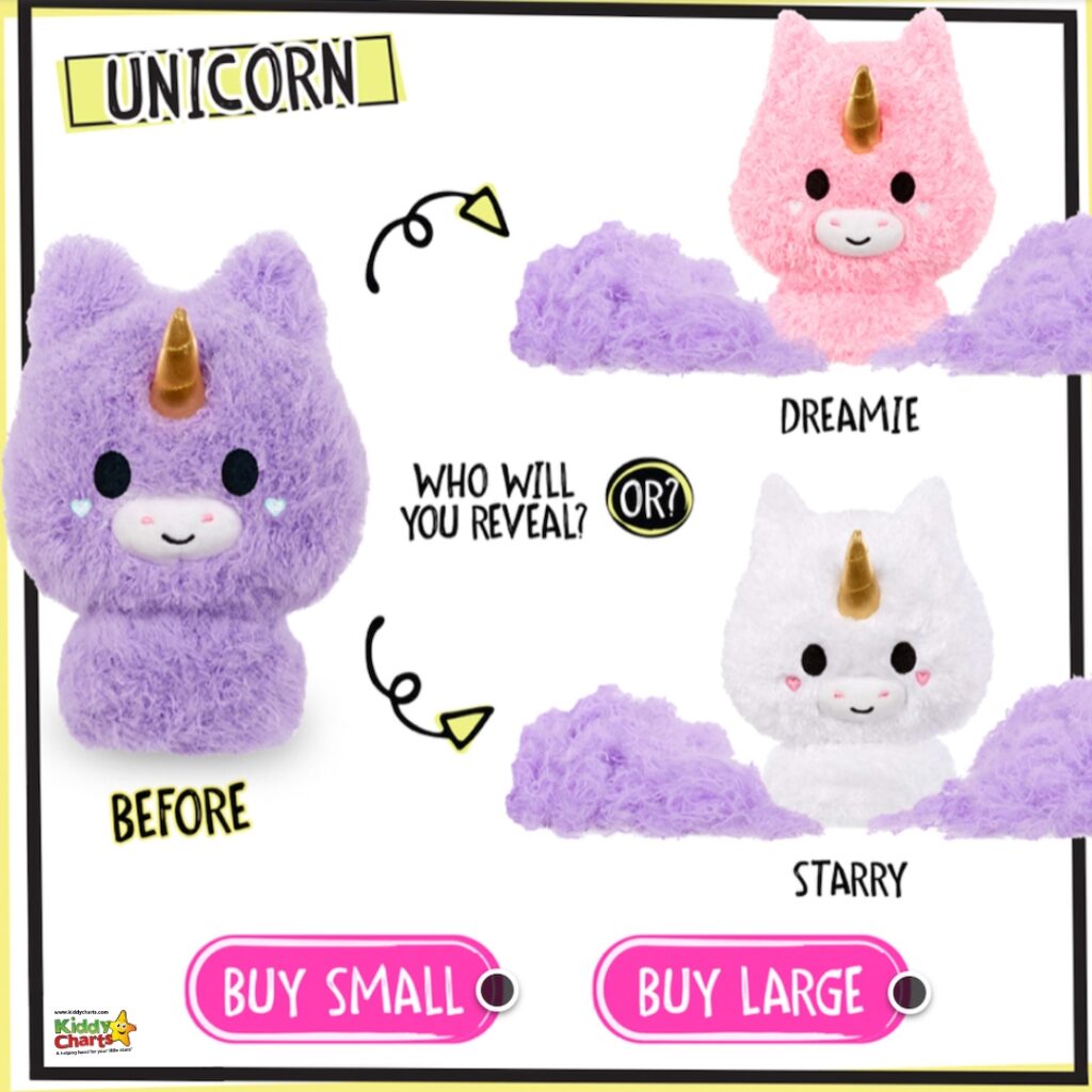 The image shows an advertisement for plush unicorn toys named "Dreamie" and "Starry." It offers a choice between buying a small or large version with transformation before and after.