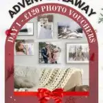 The image shows an advent giveaway advertisement from MyPicture for photo vouchers worth £120, with festive decorations, cozy images, and a "Learn More" button.