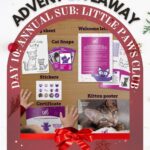 This image depicts an advertisement for a Cat Advent Giveaway featuring an annual subscription to the Little Paws Club, decorated with festive holiday elements.