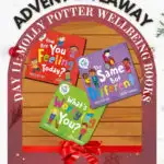 This image shows an "Advent Giveaway" featuring three colorful children's books titled "How Are You Feeling Today?", "The Same But Different", and "What's Worrying You?" with holiday decorations.