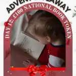 This image features a festive promotion for an "Advent Giveaway" with a child reading a book surrounded by holiday decorations and an offer of a £100 book token.