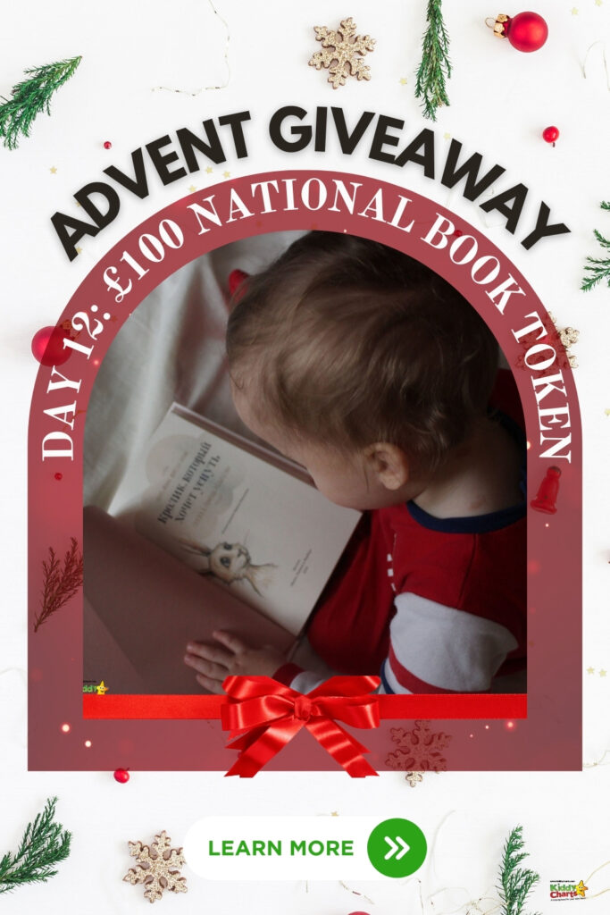 This image features a festive promotion for an "Advent Giveaway" with a child reading a book surrounded by holiday decorations and an offer of a £100 book token.