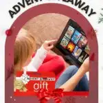 Festive advertisement featuring a child using a tablet, surrounded by Christmas decorations, promoting an "Advent Giveaway" with a Disney shop voucher and a call-to-action button.