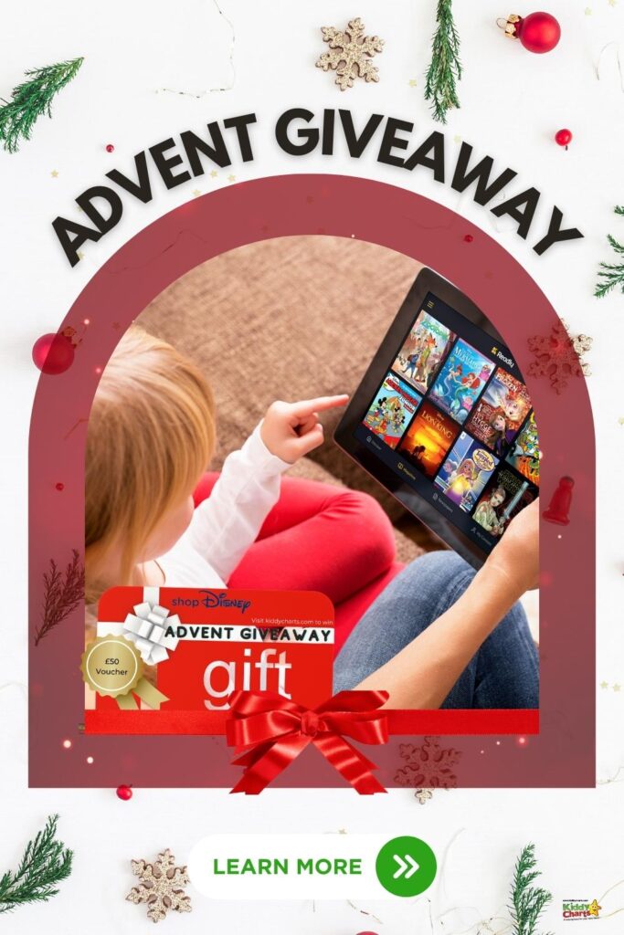 Festive advertisement featuring a child using a tablet, surrounded by Christmas decorations, promoting an "Advent Giveaway" with a Disney shop voucher and a call-to-action button.