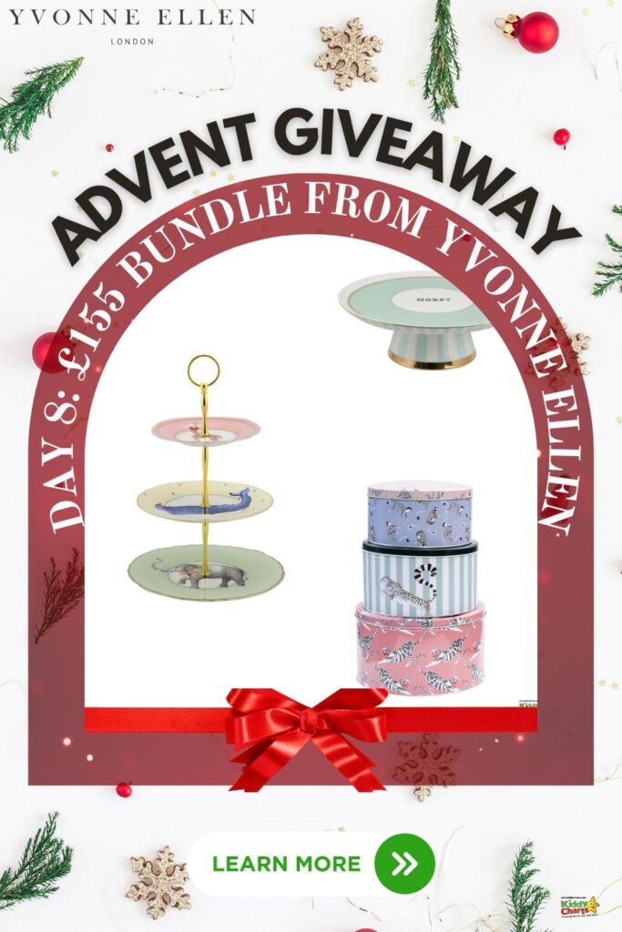 This is an advertisement for an advent giveaway featuring a £155 bundle from Yvonne Ellen, including a tiered stand and patterned storage tins, embellished with holiday decorations.