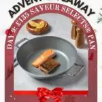 A festive promotional image announcing an "Advent Giveaway" featuring a £135 pan with two salmon fillets, holiday decorations, and a call-to-action button.