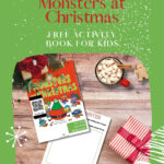 A festive promotional image featuring a Christmas-themed activity book for kids, a mug with marshmallows, a gingerbread cookie, and a red striped gift.