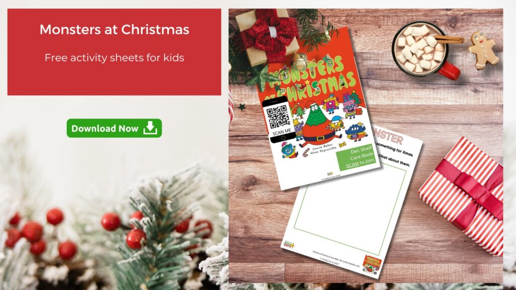 The image is an advertisement for "Monsters at Christmas" free activity sheets for kids, featuring Christmas-themed decoration and a promotional flyer.