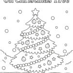 This is a black and white coloring page featuring a decorated Christmas tree with the text "Oh Christmas Tree" at the top.