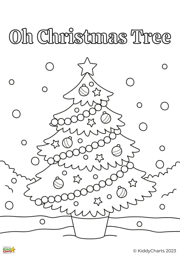 This is a black and white coloring page featuring a decorated Christmas tree with the text "Oh Christmas Tree" at the top.