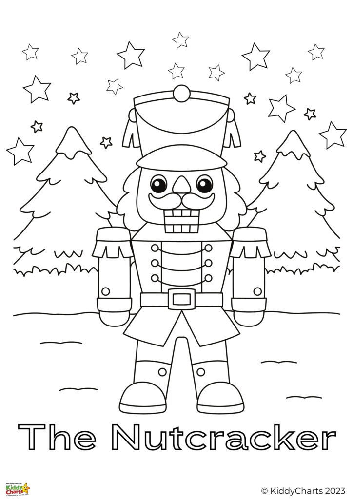 A black and white coloring page featuring a cheerful Nutcracker character, surrounded by stars and Christmas trees, with the text "The Nutcracker" below.