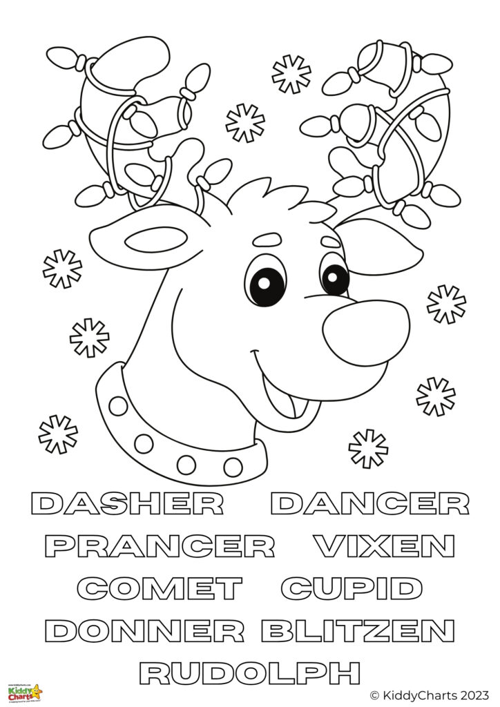 A black-and-white coloring page featuring a cheerful cartoon reindeer, surrounded by snowflakes, with the names of Santa's reindeer listed below.
