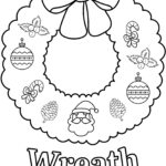This is a black-and-white coloring page featuring a festive Christmas wreath with a bow, ornaments, candy cane, pine cones, holly, and Santa.