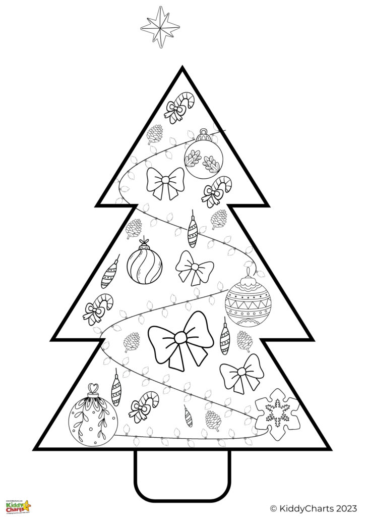 This is a black and white coloring page featuring a stylized Christmas tree adorned with ornaments, bows, candy canes, and lights, topped with a star.