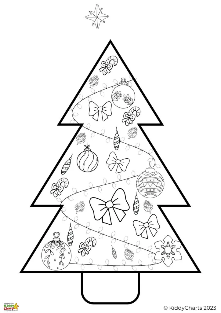 This is a black and white coloring page featuring a stylized Christmas tree adorned with ornaments, bows, candy canes, and lights, topped with a star.
