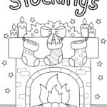 A black-and-white coloring page featuring the word "Stockings" above a fireplace with hanging stockings, a mantelpiece with candles, bows, and stars.