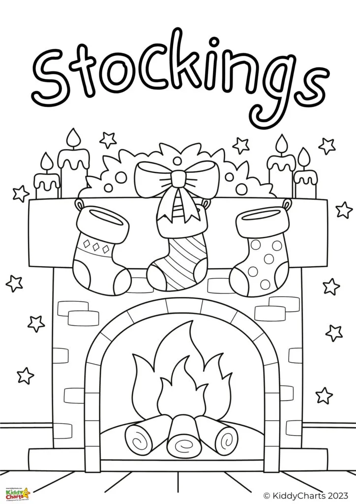 A black-and-white coloring page featuring the word "Stockings" above a fireplace with hanging stockings, a mantelpiece with candles, bows, and stars.
