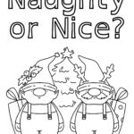 A black and white coloring page with the text "Naughty or Nice?" featuring two cute cartoon figures dressed in festive costumes, with a Christmas tree.