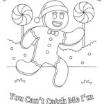 This is a black-and-white coloring page featuring a smiling gingerbread man with a Santa hat, beside a swirling lollipop, with playful nursery rhyme text.