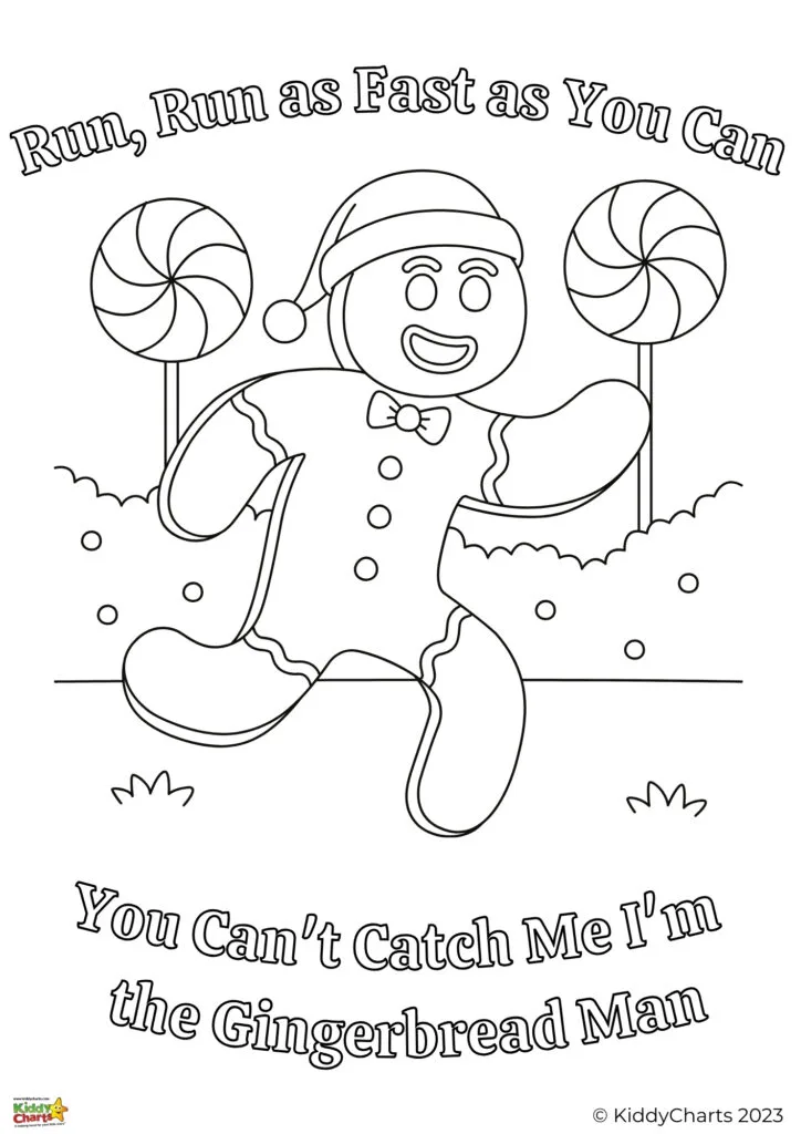 This is a black-and-white coloring page featuring a smiling gingerbread man with a Santa hat, beside a swirling lollipop, with playful nursery rhyme text.