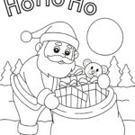 This is a black and white coloring page featuring a jovial Santa Claus holding a bag full of gifts with "HoHoHo" text above and snowy background.