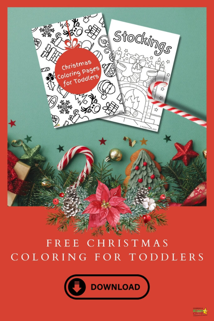 An advertisement for free Christmas coloring pages for toddlers, featuring festive decorations, candy canes, and ornaments on a green and red background.