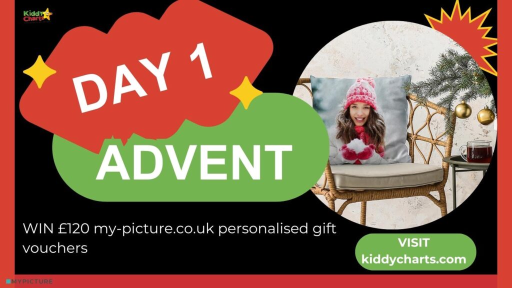 The image advertises an "Advent" giveaway for Day 1, offering a chance to win personalized gift vouchers, with a festive theme including a cushion with a person's photo.