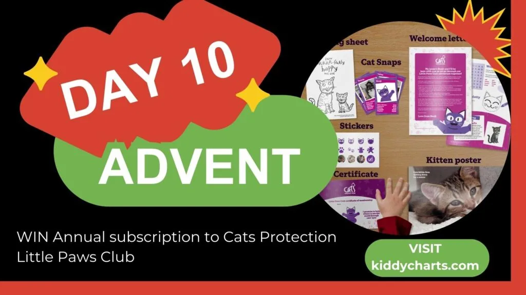 This is an advertisement for "Day 10 Advent," offering a chance to win an annual subscription to Cats Protection's Little Paws Club, with items displayed and a website highlighted.