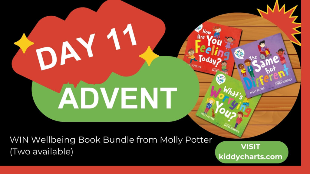 An Advent calendar-themed image for "Day 11" promoting a contest to win a Wellbeing Book Bundle by Molly Potter, available on kiddycharts.com.