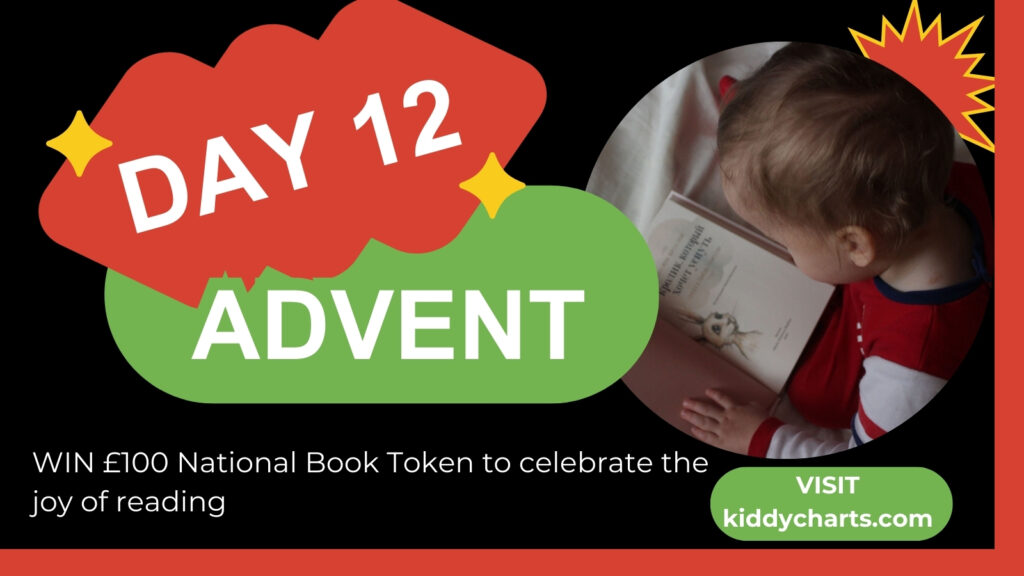 A promotional graphic for an advent day celebration with a child reading a book, offering a chance to win a book token on KiddyCharts.com.
