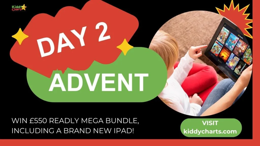An advertisement for an "Advent" giveaway featuring Day 2, offering a chance to win a £550 bundle including a new iPad, with a child and a person. Visit kiddycharts.com.