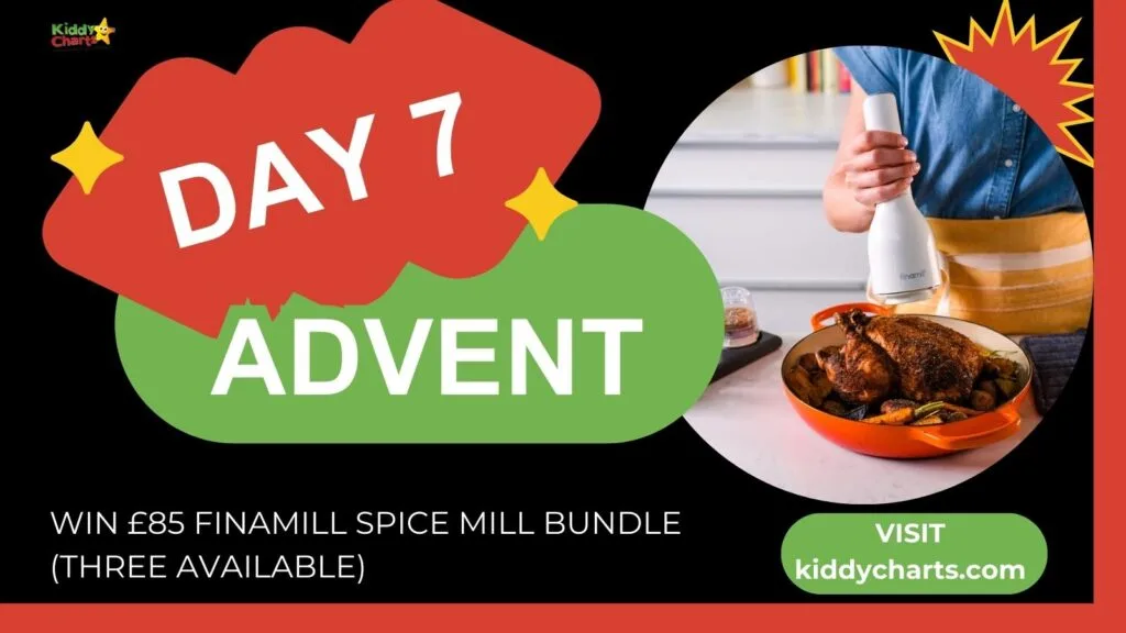 The image shows an advent calendar promotion for Day 7, offering a chance to win a spice mill bundle, featuring a person seasoning a roasted chicken.