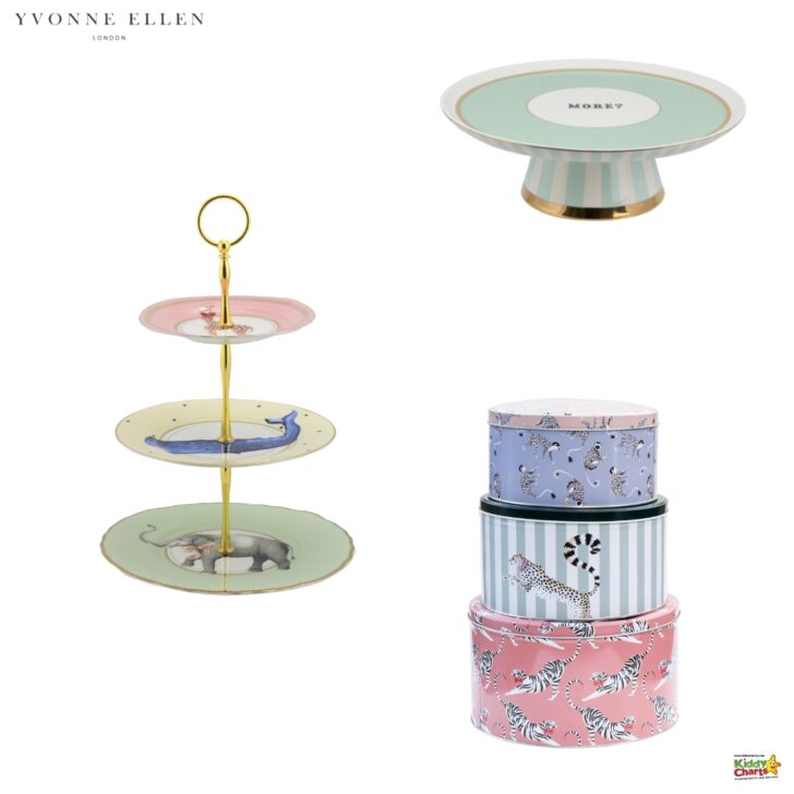 The image shows a three-tiered dessert stand with animal designs and a cake stand labeled 
