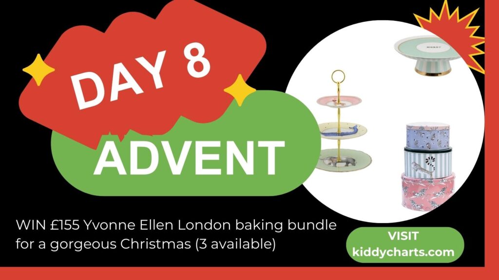The image displays an Advent Day 8 promotion with a prize of a Yvonne Ellen London baking set, urging viewers to visit kiddycharts.com.