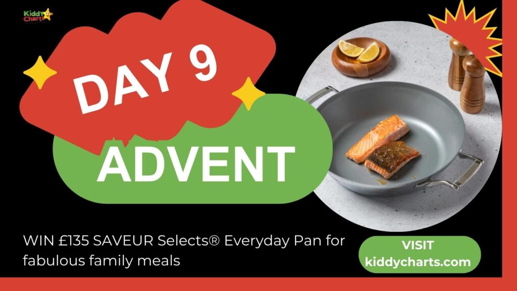 The image showcases an Advent calendar promotion "DAY 9" with a chance to win an Everyday Pan, featuring cooked salmon, a wooden salt shaker, and peppermill.