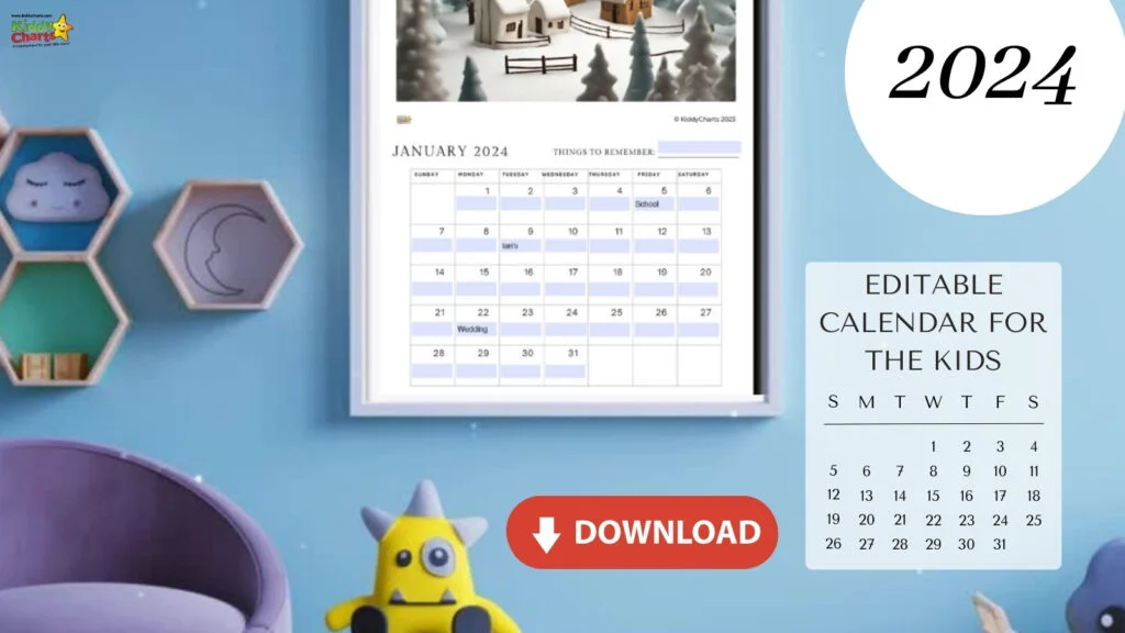 The image shows a promotional graphic for an editable 2024 calendar for kids, featuring a colorful room setting with a calendar and a cute toy.