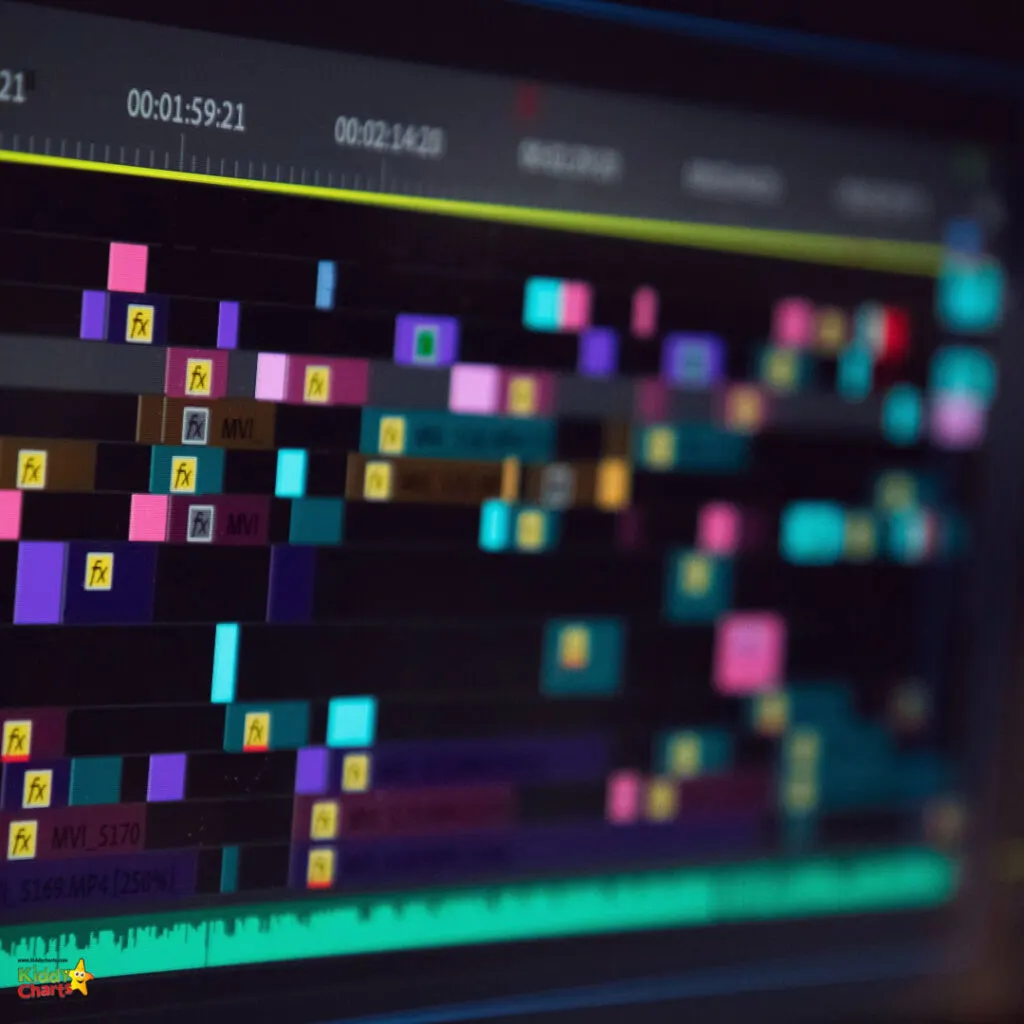 The image shows a blurred view of a video editing software timeline with colorful blocks representing clips, transitions, and effects against a dark background.
