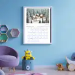 A January 2024 calendar hangs on a blue wall above a children's play area with toys, a purple chair, and decorative shelves.