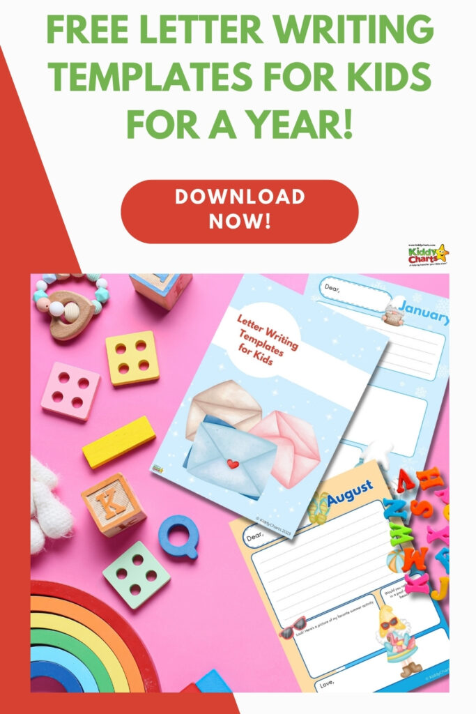 The image is a colorful advertisement for free letter writing templates for kids, featuring educational toys and sample template pages on a pink background.