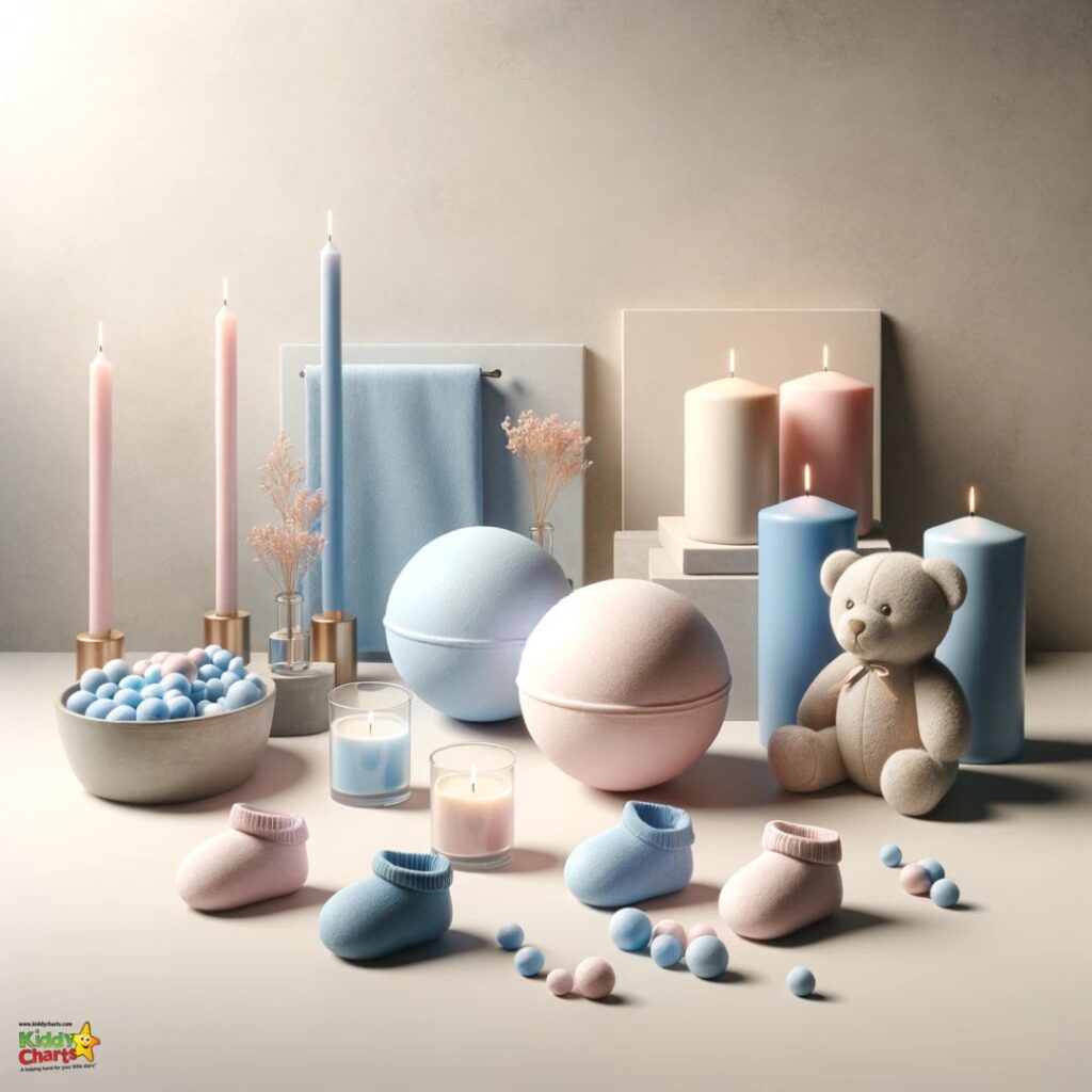 The image features a serene setting with pastel-colored candles, towels, knitted booties, a teddy bear, spheres, and decorative balls on a soft backdrop.