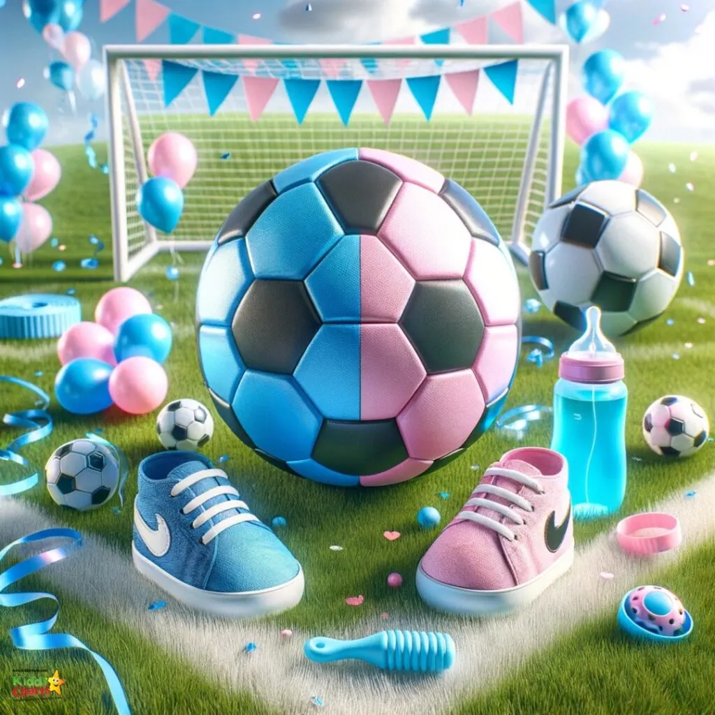 A colorful sports-themed image with oversized pink and black soccer balls, blue sports shoes, a water bottle, and small soccer balls on a grassy field.